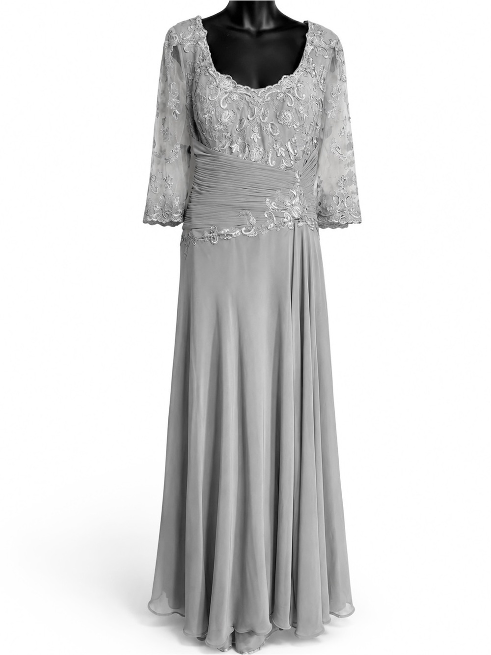 MGNY Grey Scoop Beaded Neckline lace bodice formal gown size 14